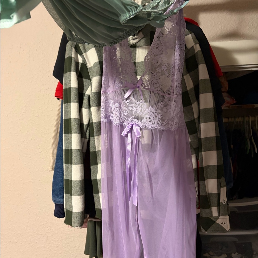 Lace & Sheer Lavender Nightgown with Bow Detail